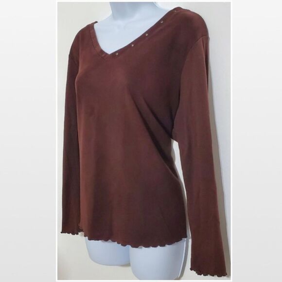Vintage Brown Long Sleeve V-neck Top - Picture 6 of 16